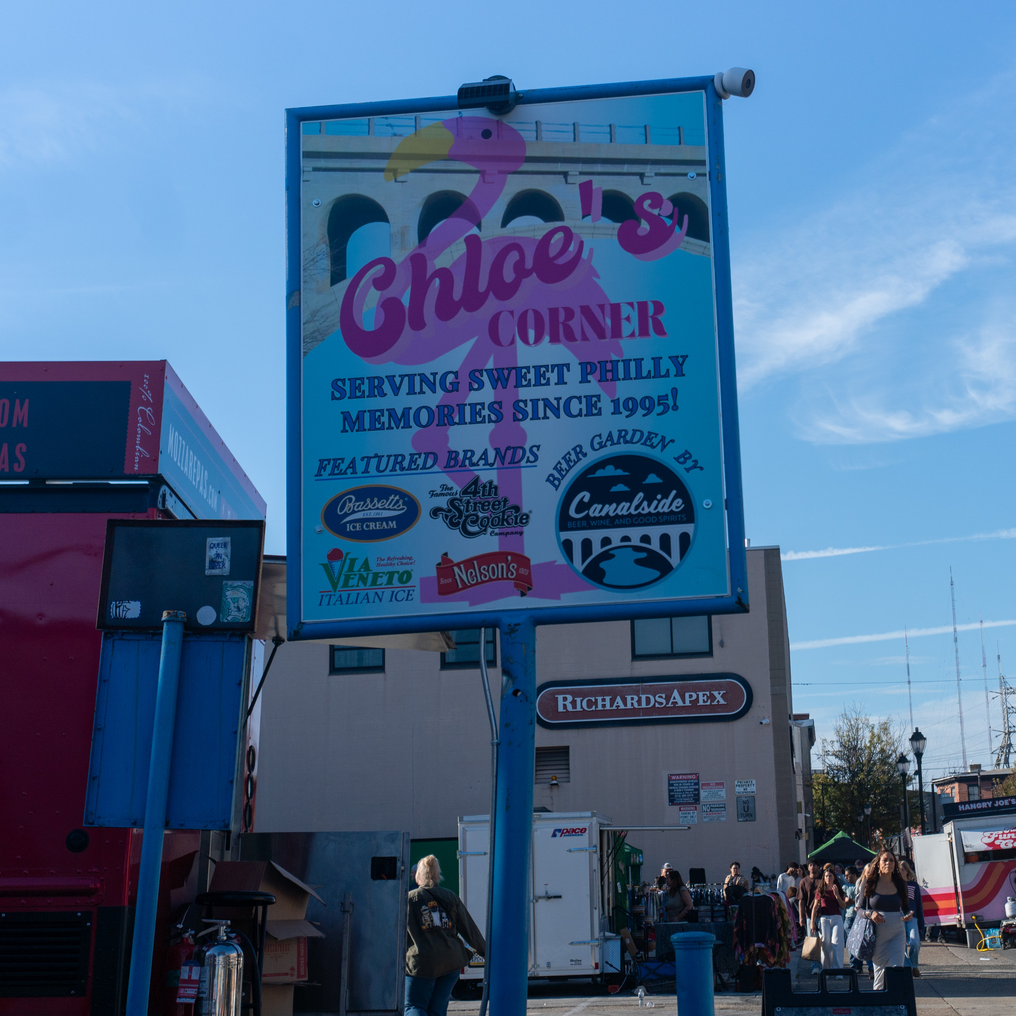 Chloe’s Corner signboard listing sweet Philly memories since 1995.