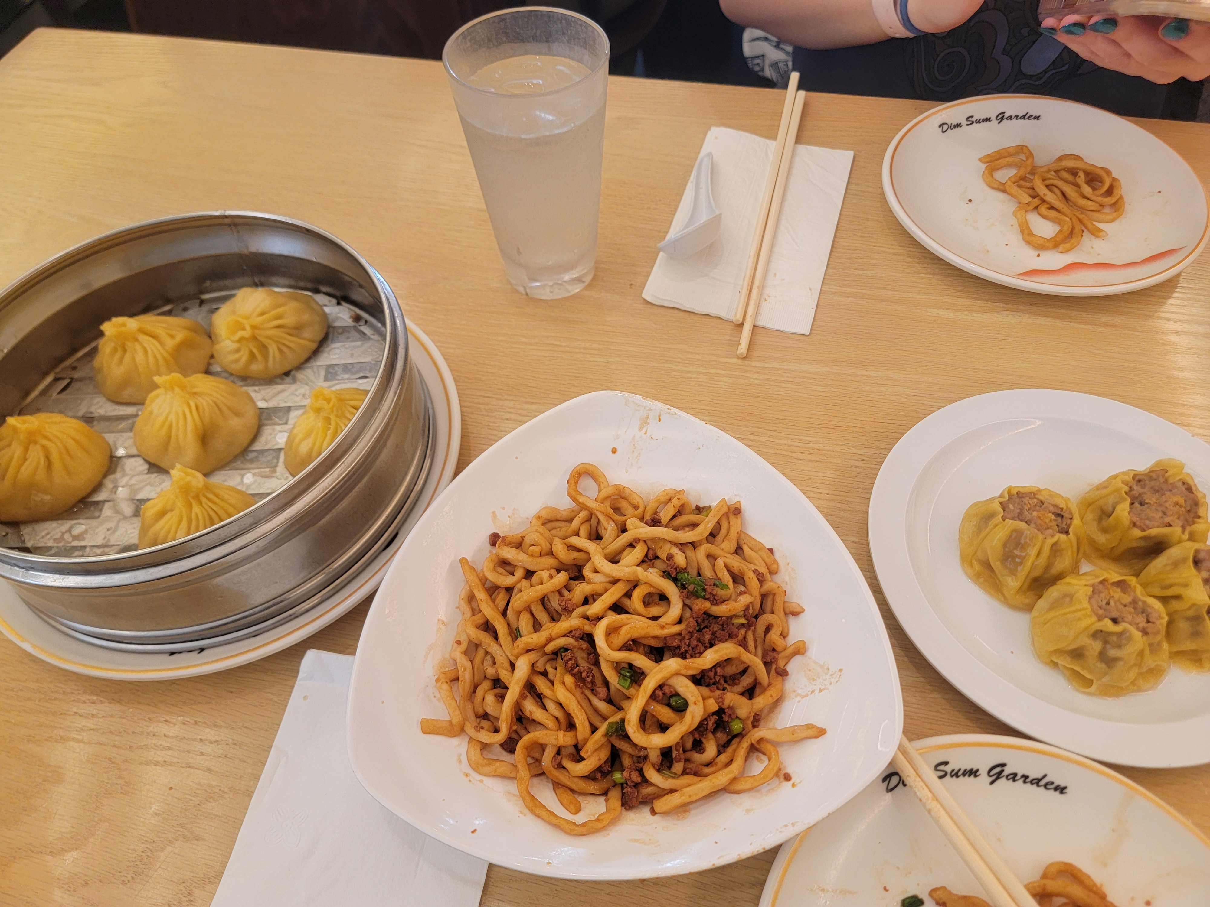 Table at Dim Sum Garden with xiao long bao, siu mai, and hand-pulled noodles.